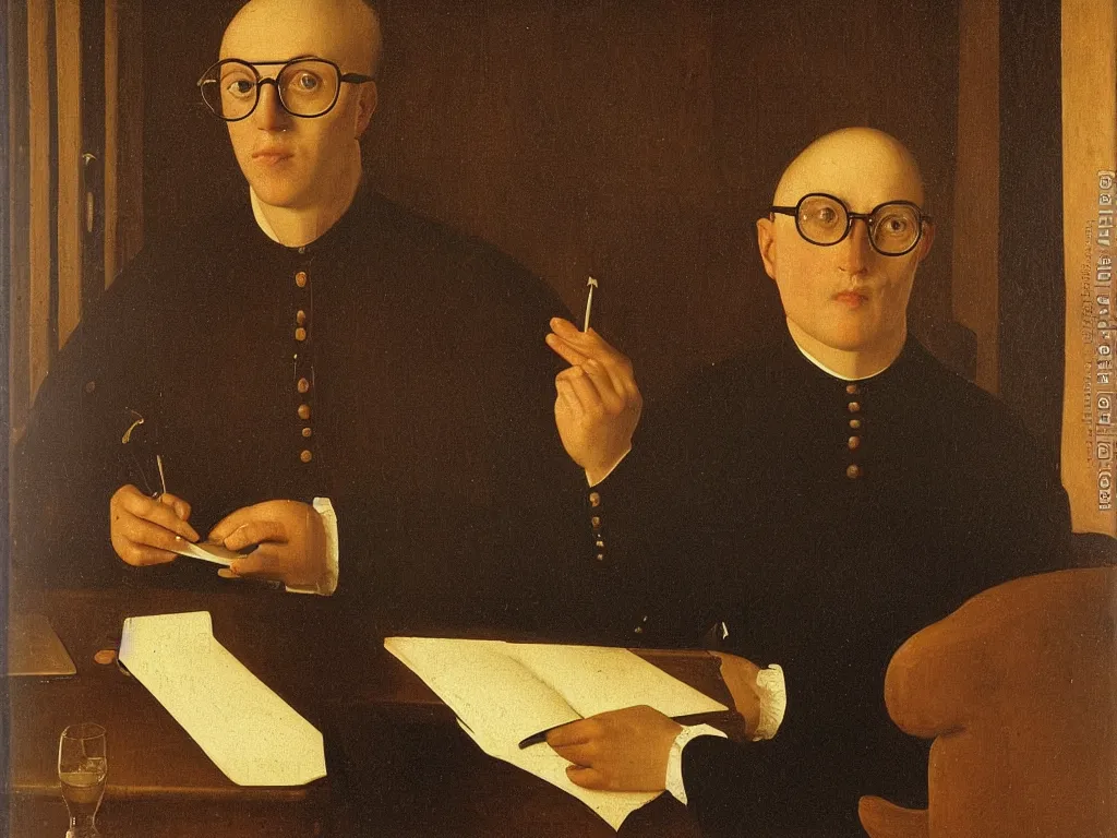 Prompt: portrait of a man with glasses and laptop at candlelight. painting by jan van eyck, august sander