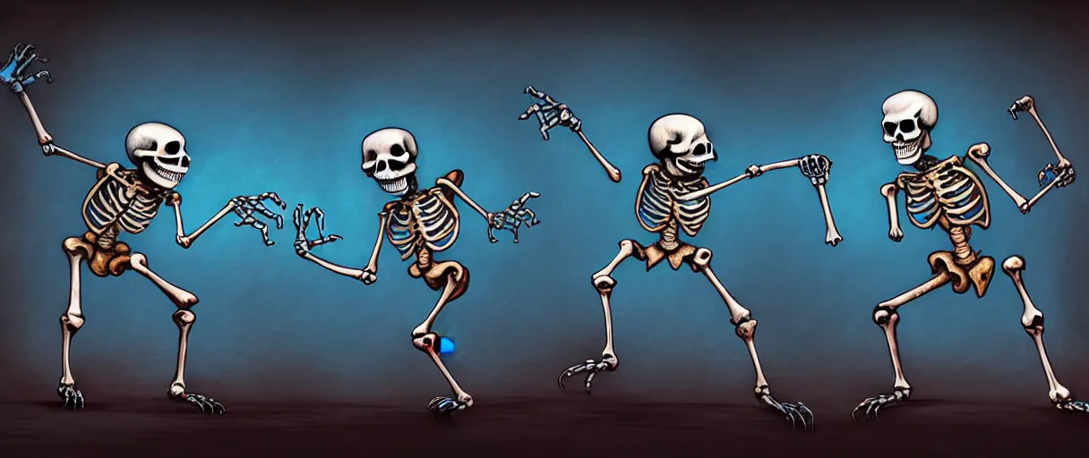Prompt: hyperrealistic very cute milticolored medieval skeletons dancing jason limon concept art dramatic blue lighting wide angle hd 8k sharp shallow depth of field