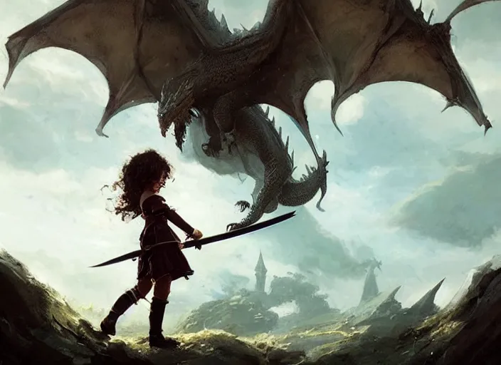 Image similar to a cute little girl with curly brown hair holding a sword faces off against a huge dragon, beautiful fantasy art by greg rutkowski.