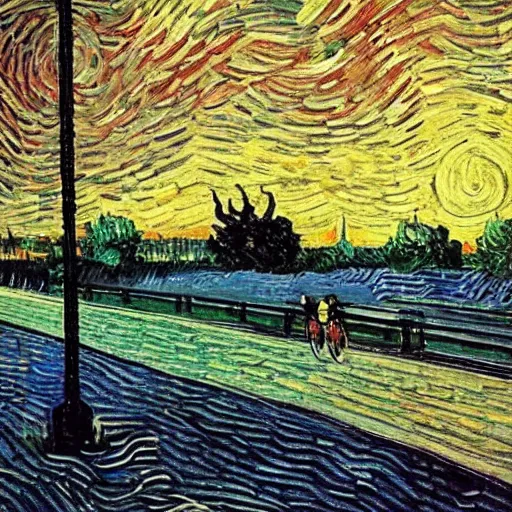 Image similar to light pole at night. nostalgic. bike. empty road. van gogh style. dark colors. high contarst light