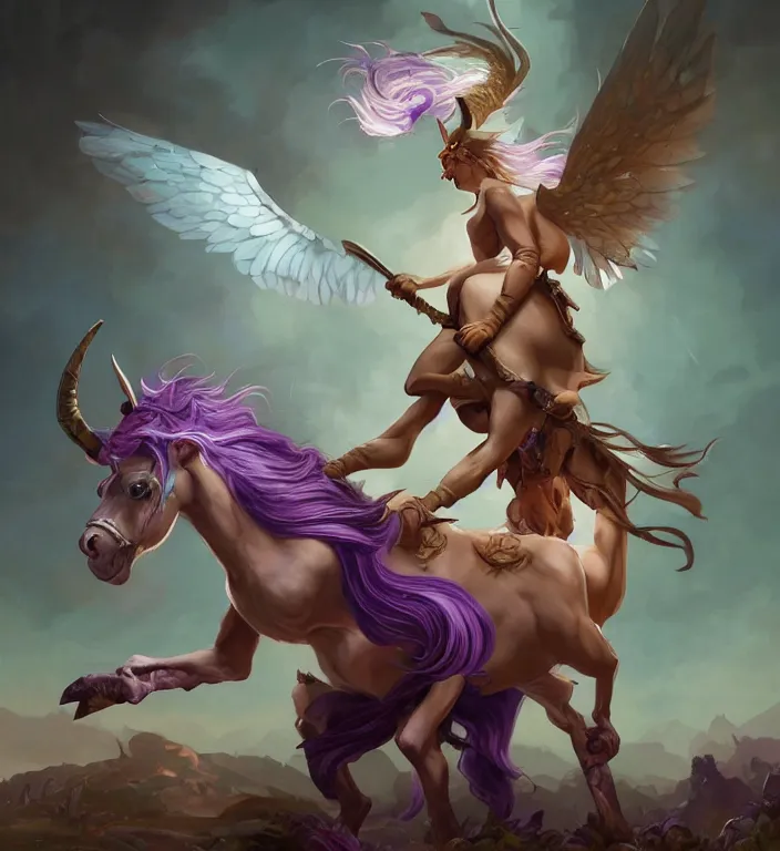 Image similar to a majestic female centaur with white wings and with a horn on the forehead and purple hair and elf ears, backlit, strong rim light, highly detailed, digital painting, by Alvaro Castagnet + Peter Mohrbacher + Dan Mumford + vivid colors + high contrast, 8k resolution, intricate, photorealistic, smooth