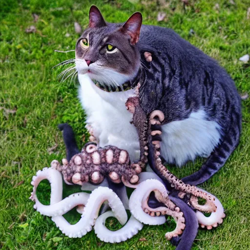 Image similar to hybrid cat and octopus, photograph, highly realistic