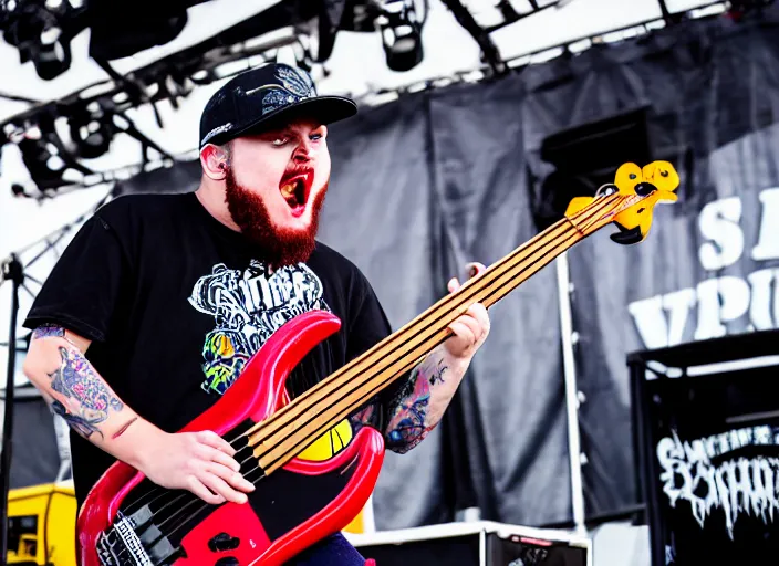 Prompt: photo still of the grimace on stage at vans warped tour!!!!!!!! at age 3 0 years old 3 0 years of age!!!!!!! slapping a bass guitar, 8 k, 8 5 mm f 1. 8, studio lighting, rim light, right side key light