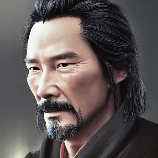 Image similar to portrait painting of a 6 0 year old kind handsome taoist priest ， looks like keanu reeves ， silver ponytail hair, amiable by yangjun chen, nadar, bright colors, octopath traveler, unreal engine 5 highly rendered, global illumination, radiant light, detailed and intricate environment