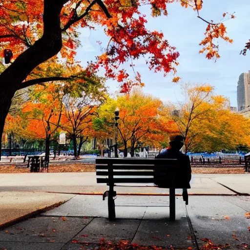 Prompt: a gentleman made of ice cream sitting on a park bench in new york on an autumn day