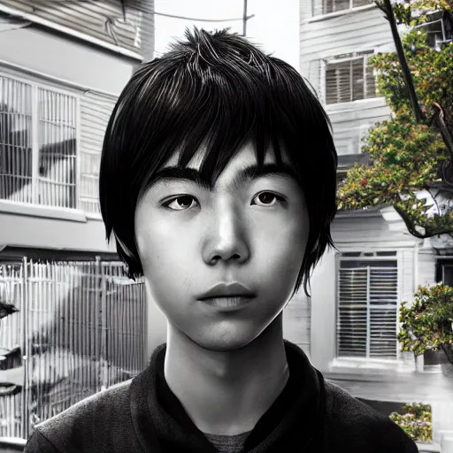 Prompt: teen japanese boy standing in front of his home in san fransokyo, close up portrait photo, hyper detailed, digital art, trending on artstation, cinematic lighting, studio quality, smooth render, unreal engine, octane render, photorealistic, atmospheric