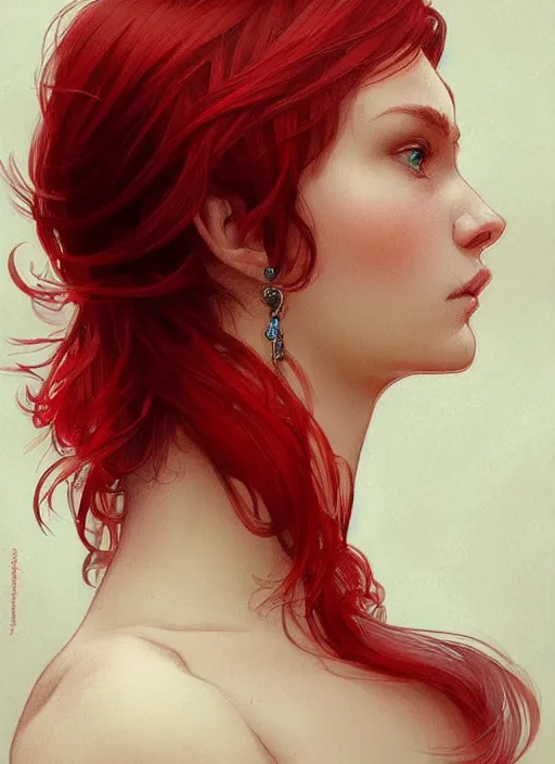 Image similar to Red short hair portrait of a man, fantasy, intricate, elegant, highly detailed, digital painting, artstation, concept art, smooth, sharp focus, illustration, art by artgerm and greg rutkowski and alphonse mucha