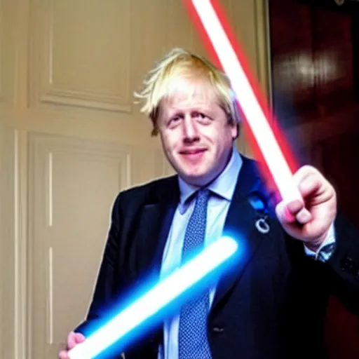 Prompt: boris johnson holding a lightsaber. starwars