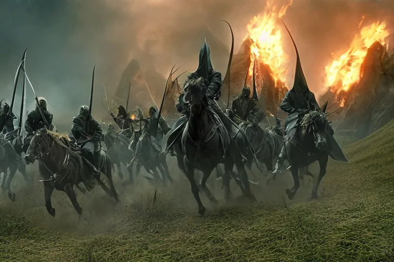 Image similar to film still of 3 Nazgûl, swords drawn, chasing hobbits through the shire as it burns, epic composition, intricately detailed, physically based render, screenshot from Lord of the Rings