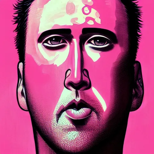 Image similar to prompt : pink nicolas cage illustration portrait soft light painted by james jean and katsuhiro otomo and erik jones, inspired by evangeleon anime, smooth face feature, intricate oil painting, high detail illustration, sharp high detail, manga and anime 1 9 9 9