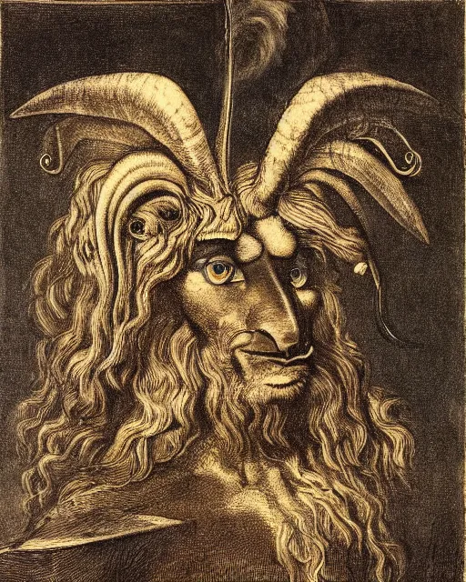 Image similar to a creature with the body and eyes of a man, with the beak of an eagle, the mane of a lion, and the horns of an ox. drawn by francis bacon and da vinci