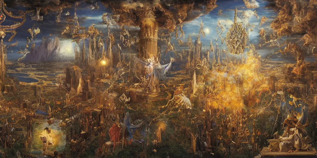 Image similar to a beautiful and highly detailed matte painting of magical tarot cards floating in the midst of magical explosions, intricate details, epic scale, insanely complex, 8 k, sharp focus, hyperrealism, very realistic, by caspar friedrich, albert bierstadt, james gurney, brian froud,