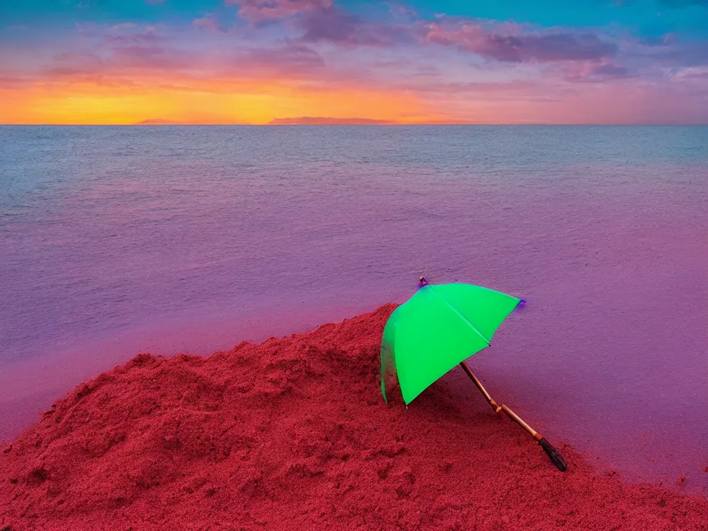 Image similar to purple umbrella, red sand beach, green ocean, nebula sunset