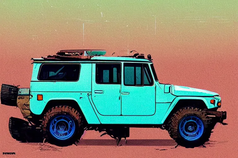 Image similar to digital illustration of a faded cyan mad max's fj 4 0 decrepit!!!! pursuit special, rusty!!! nissan fj cruiser heavily modded 1 9 9 0 s, the last v 8 interceptor by makoto shinkai, ilya kuvshinov, lois van baarle, rossdraws, basquiat