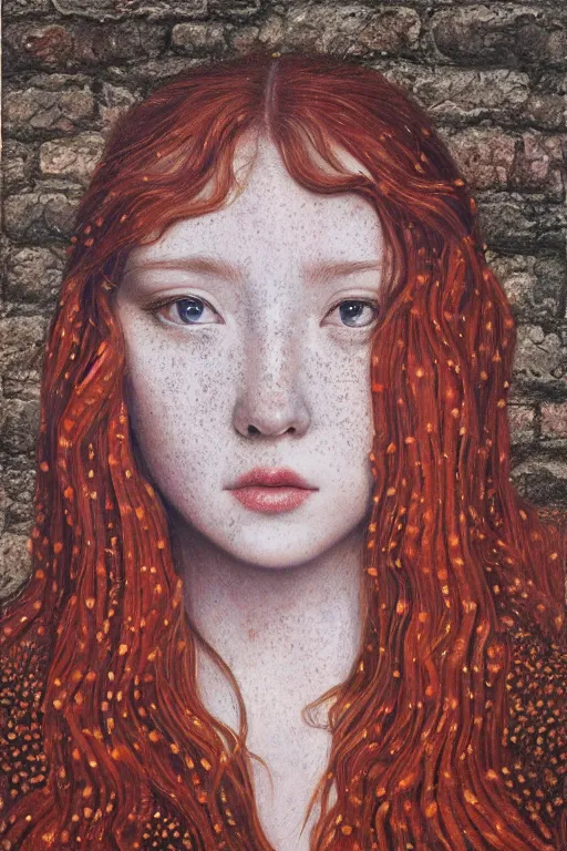 Prompt: beautiful oil painting of a movie poster by chie yoshii, full body portrait, brick wall, symmetrical face, freckles, giant eyes, gorgeous, ginger hair, cute, pretty, dramatic lighting