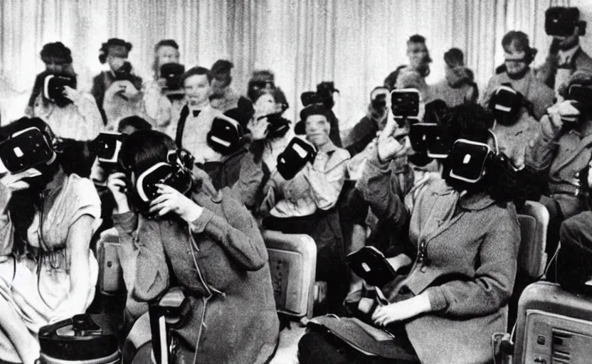 Image similar to 1 9 0 0 s photo of people using iphones ipods virtual reality headsets vr in a movie theater masterpiece