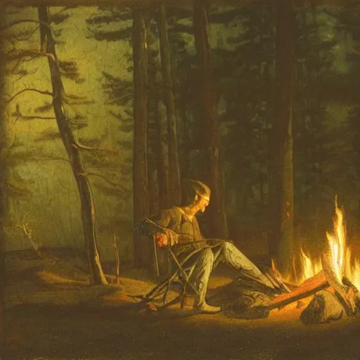 Prompt: hunter, alone in the wilderness, campfire embers, midnight, dark boreal forest, 19th century