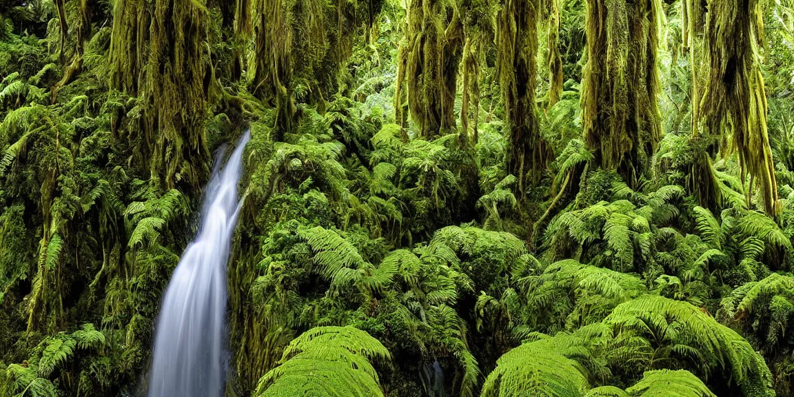 Prompt: New Zealand rainforest, tree ferns, Nothofagus, alpine herbs, lush waterfall, mossy trees. Indigenous plant species in the rainforests of New Zealand. Rugged, remote landscape in rural, forested New Zealand. Trending on Artstation, deviantart, worth1000. By Greg Rutkowski. National Geographic and iNaturalist HD photographs