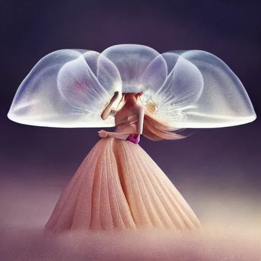 Prompt: a luminous jelly fish armor. soft. fragile. by ray caesar. by louise dahl - wolfe. by andrea kowch. surreal photography