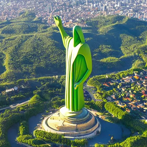 Prompt: aerial photographs of giant Brazilian statue Kermit the Redeemer