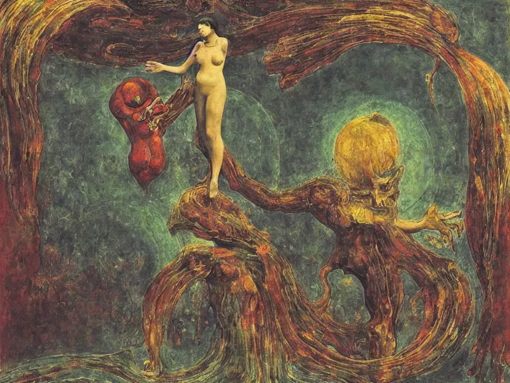 Image similar to cosmic pupil under torrential rain. valley of joy and despair. open manuscript of alchemic insect. painting by max ernst, moebius, arnold bocklin, william blake