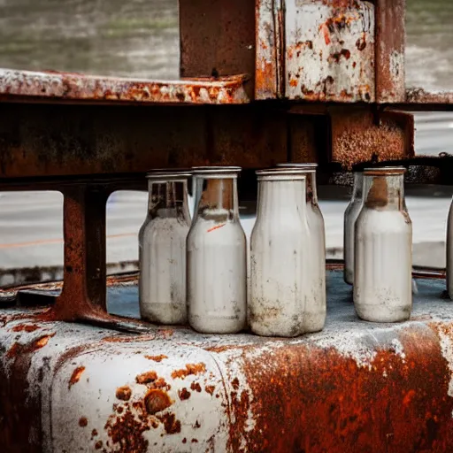 Image similar to bottle of milk, over a rusted metal table inside slaughterhouse