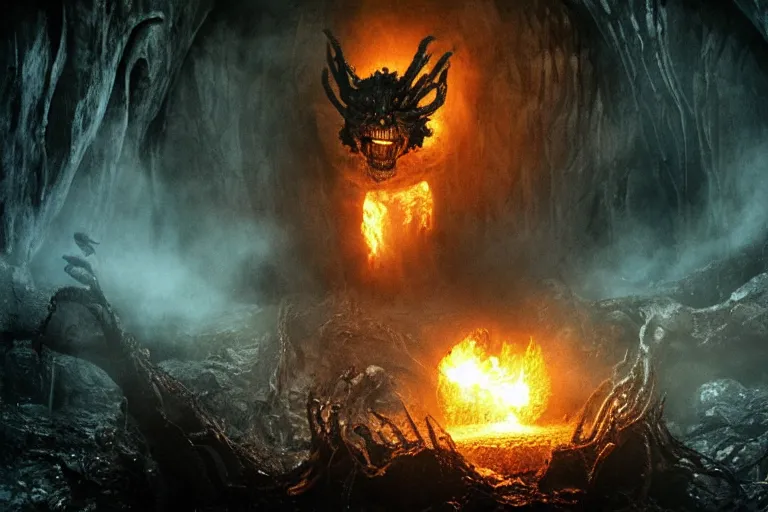 Image similar to movie still, a balrog lurking through moria, style of h. r. giger, directed by ridley scott, moria in the style of h. r. giger, dark, cinematic, cinemascope