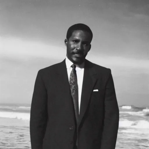 Image similar to vintage photo of a black man wearing a black suit in front of rio de janeiro