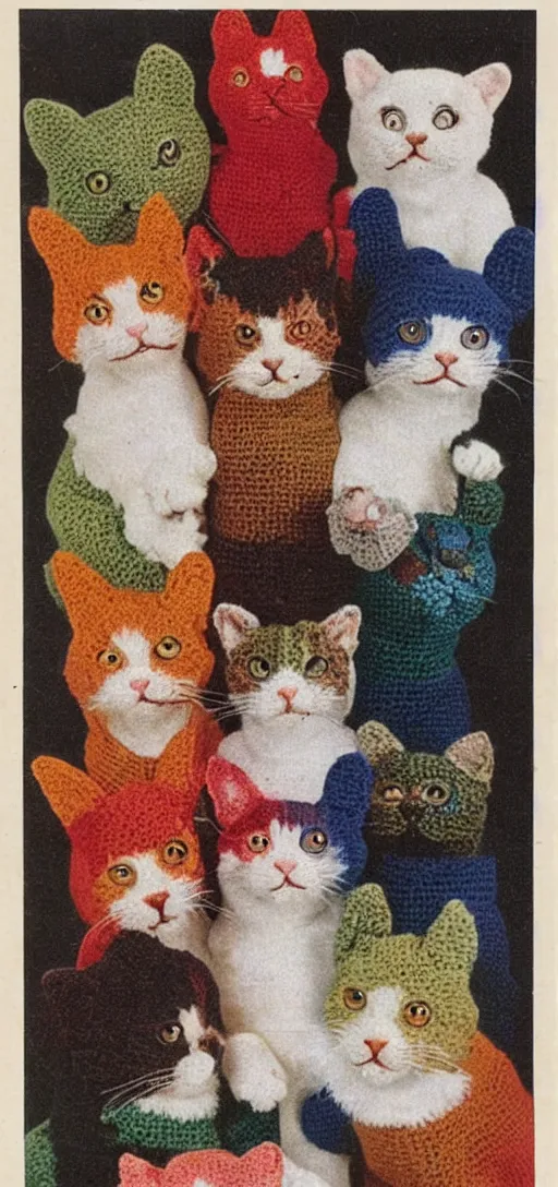 Prompt: multicolored crocheted cats, 1 9 4 0 s catalogue photo,