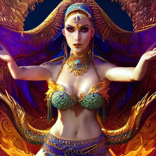 Prompt: photo of a beautiful female bellydancer dragon, anthropomorphic, sharp focus, illustration, ultra real, masterpiece, glowing holy aura by magali villeneuve and stanley artgerm lau, wlop,