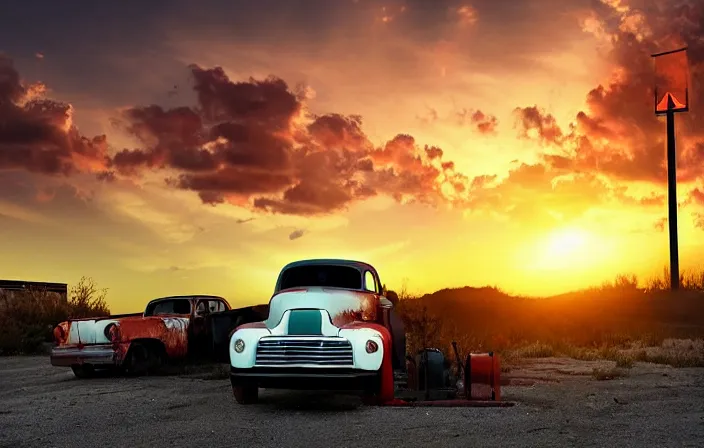 Image similar to A blinding backlight summer sunset landscape with historical route66 with abandoned gas station and a single old rusty pickup-truck. the summer light dimly illuminates, diffuse light, octane render, lots of sparkling details and sun ray’s, blinding backlight, smoke, volumetric lighting, 35 mm, beautiful reflections, heavenly, softlight