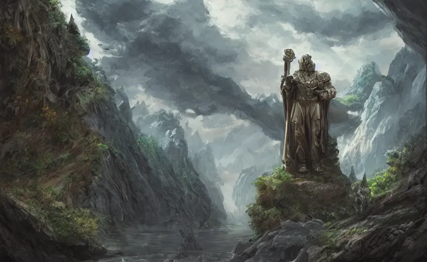 Prompt: A large statue of a wizard guarding a river valley, landscape art, concept art, intense