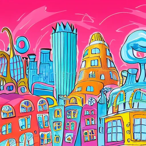 Image similar to fanciful city filled with curvy buildings, by dr seuss, towers, platforms, arches, bridges, stairs, colorful kids book illustration