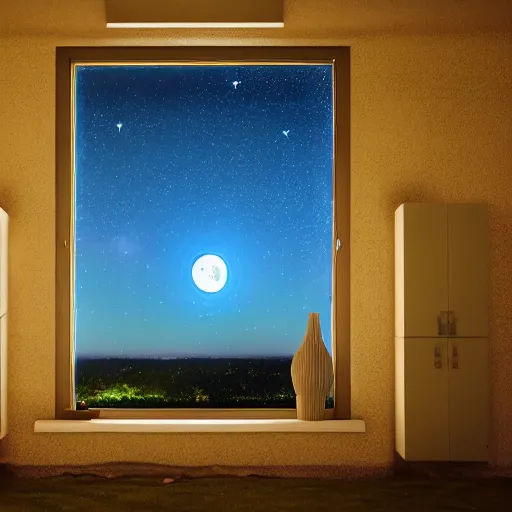 Prompt: A view through my window of a beautiful night sky, with the stars shining bright and the moon shining even brighter, rendered in unreal engine, 4k resolution, 60fps, HDR, Bloom effect, realistic sky, space sky, stars, rendered in octane, professional grade, professional photo.