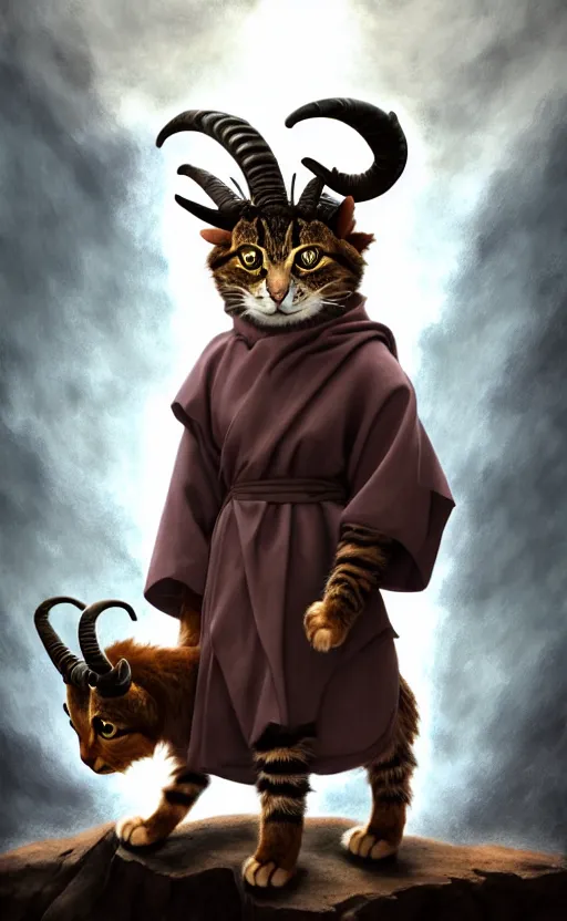 Image similar to a bipedal cat that has 2 goat horns, anthropomorphic cat that is wearing robes, matte oil painting, by michelangelo, d & d, fantasy, concept art, cosmic, magical, fog, noble, full body portrait, intricate, ornate, extremely detailed, cult, ritual, sharp focus, 4 k, 8 k