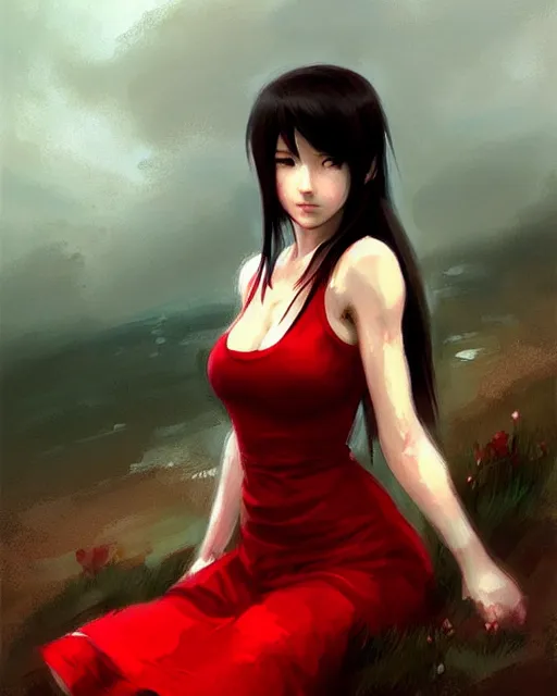 Image similar to tifa lockhart in a red cottagecore dress, portrait, illustration, rim light, top light, overcast cloudy weather, perfectly shaded, soft painting, art by krenz cushart, william turner and wenjun lin