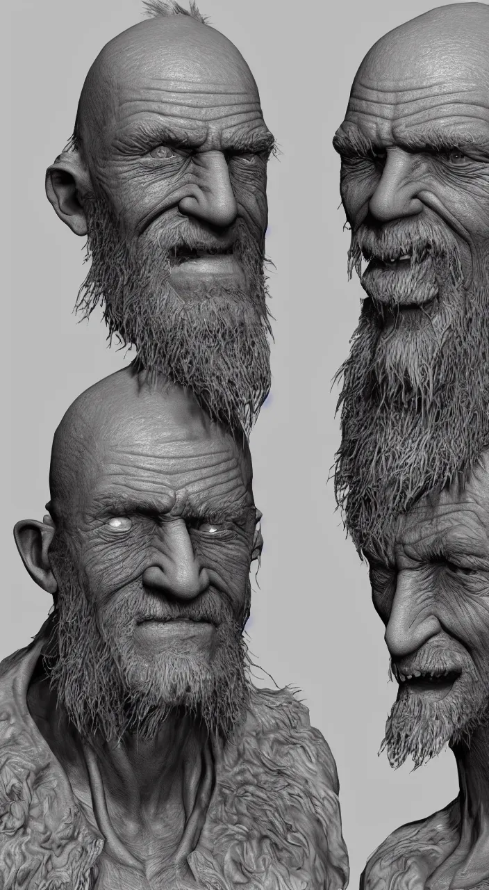 Image similar to A highly detailed portrait 3D render of a craggly old man, wise, gaunt, ancient. Smiling. ZBrush, Blender. Trending on cgsociety. Dramatic lighting. Beautiful. By Mark Mann and Jimmy Nelson.