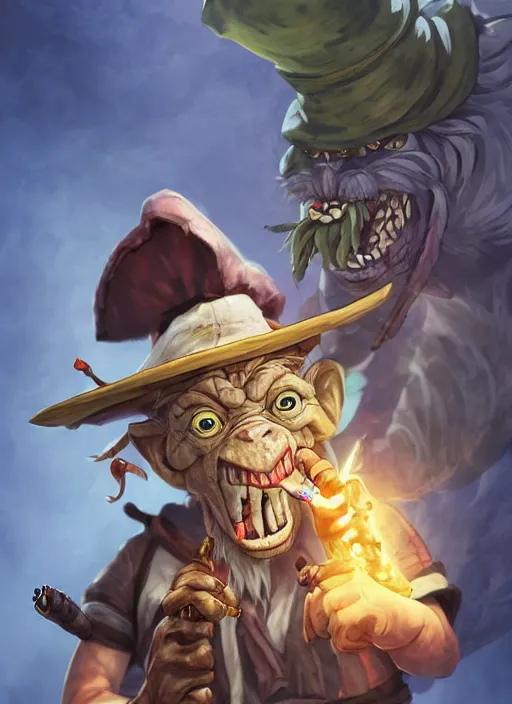 Image similar to studio ghibli pathfinder 2 e bestiary digital illustration of a goblin mixed with a monkey smoking a cigar, pirate themed, character portrait, unreal engine, hyper realism, realistic shading, cinematic composition, realistic render, octane render, detailed textures, studio lighting, photorealistic, wide shot