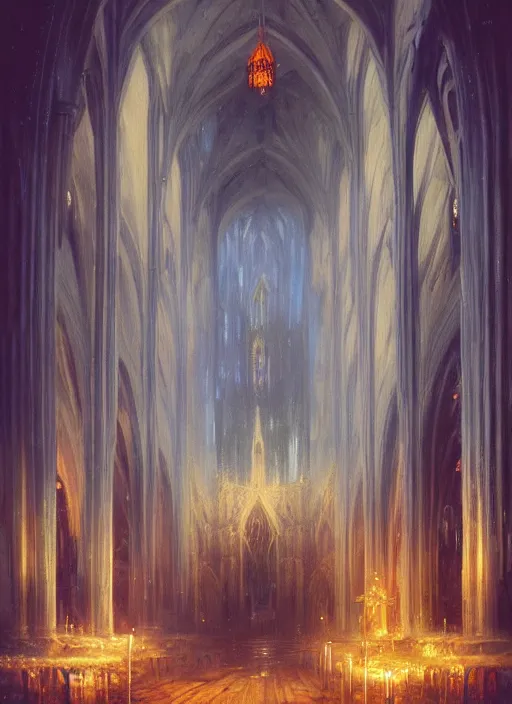 Image similar to Detailed Interior of a flooded cathedral, light of god, light shafts, candles, stunning atmosphere, in Style of Peter Mohrbacher, cinematic lighting