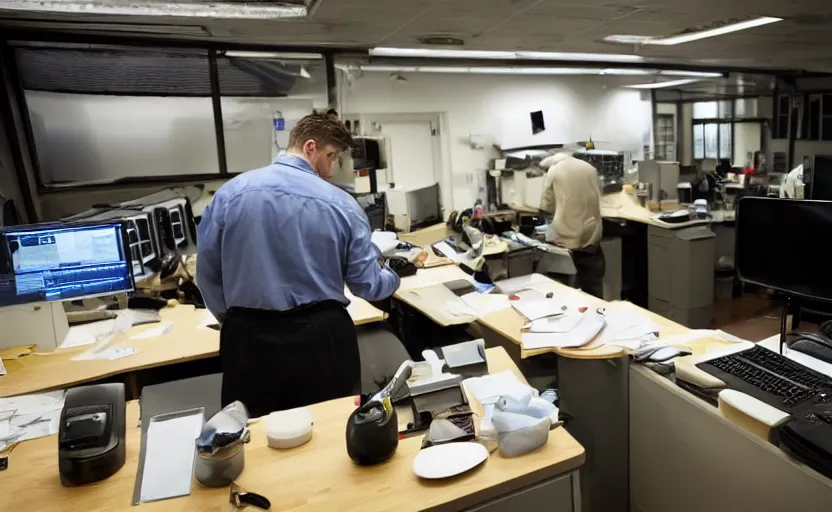 Prompt: dark control room, lonely man faces away working at desk eating old sandwich, sandwich, leaking oil, drip, sweat, tannoy, strange