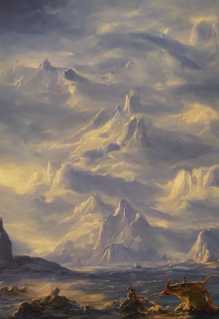 Image similar to asgard by salvadordalli, oil on canvas.