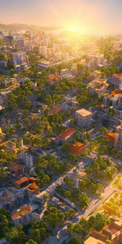 Image similar to a beautiful eco-city center full of skybridges and terraces, sunbeams, golden hour, detailed, realism, 8k high resolution