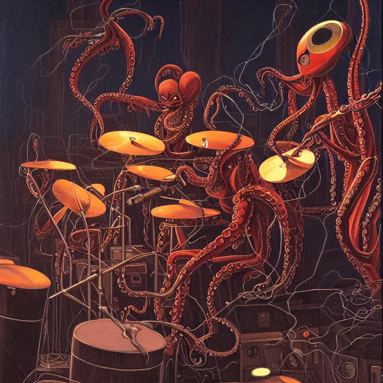 Image similar to a beautiful painting by gerald brom of a couple of octopus robots playing drums and telecaster guitar in an electronic concert, concert light, dark mood, warm lights