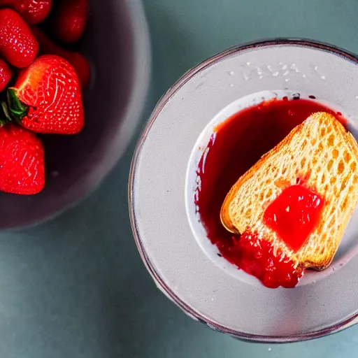 Prompt: an extreme close up of a toast with butter and strawberry jam, 80mm macro lens