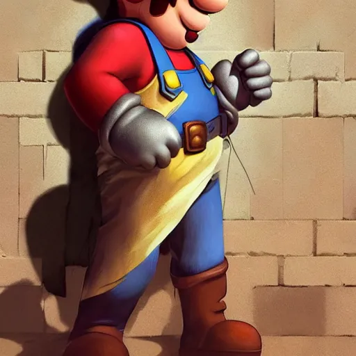 Image similar to man super mario is an rpg character, hiding behind a brick wall, dark mood, highly detailed, digital painting, artstation, illustration, art by artgerm and greg rutkowski and alphonse mucha