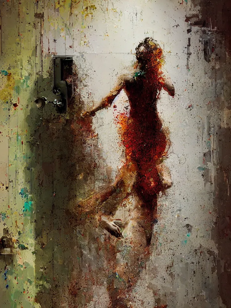 Image similar to a beautiful painting by robert proch and christian hook of a woman taking a shower in a glitched bathroom, metal rust and plaster materials, pixel sorting, color bleeding, brushstrokes by jeremy mann