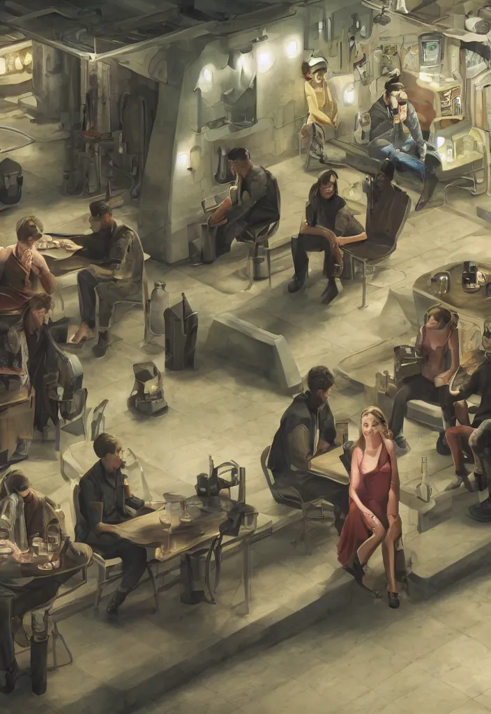 Prompt: men lost hope being looked by a girl from far away, futuristic cantina, sitting, men alone :: ultrarealistic, detailed, sharpen, 8k --ar 2:3 --uplight