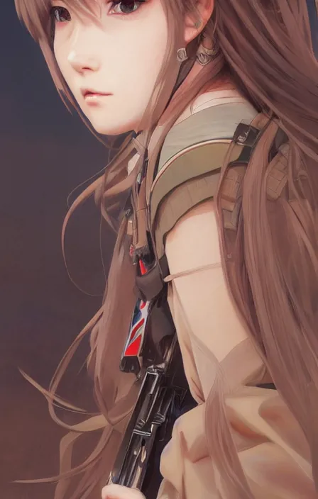 Image similar to infantry girl, anime style, long hair, hair down, symmetrical facial features, shot wounds, from girls frontline, hyper realistic, pale skin, rule of thirds, extreme detail, detailed drawing, trending artstation, hd, war action, trading card, by alphonse mucha, greg rutkowski, backlit