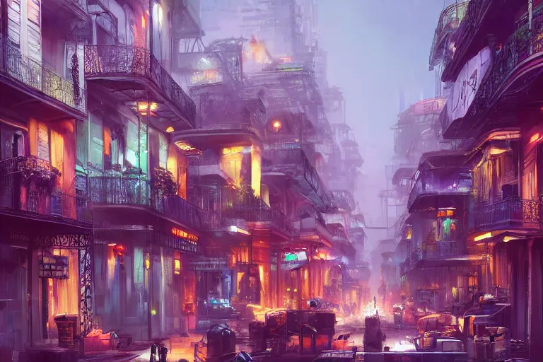 Prompt: a beautiful digital matte painting of futuristic cyberpunk french quarter, new orleans, by eddie mendoza and david lozeau and raphael lacoste, 8 k, detailed, artstation