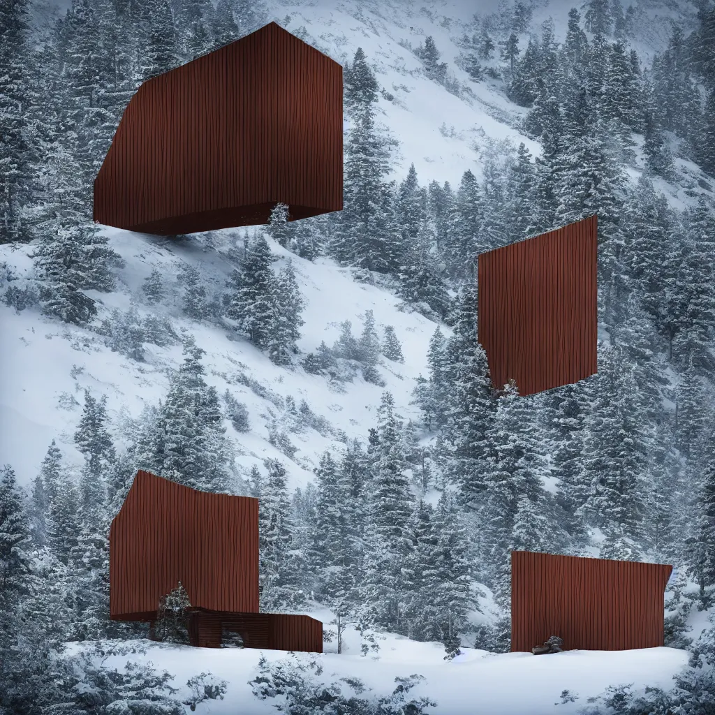 Prompt: “Hyper realistic, corten Steel cabin in mountain covers by snow, Mornin light, Future design, architecture design, foggy, environment, Cinematography, mega scans, sloped site, cinematic, hyper realistic, photo real, cinematic composition, highly detailed, vray, 8k render”